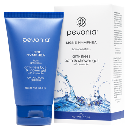 Pevonia anti-stress bath and shower gel with blue and white packaging on a white background