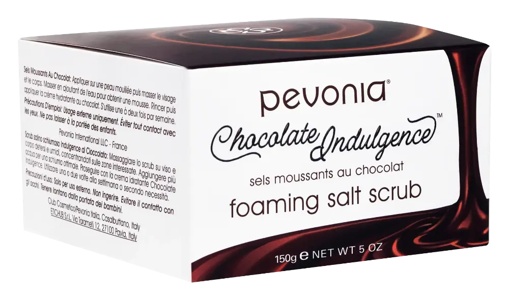 Pevonia Chocolate Indulgence foaming salt scrub packaging on a white background