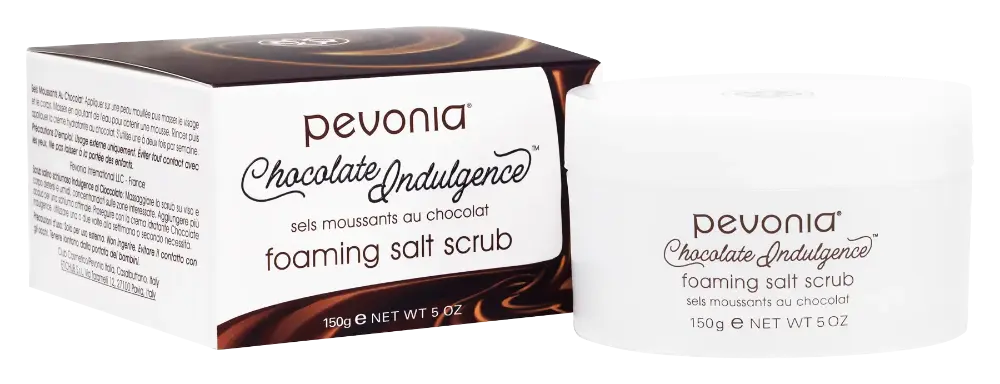 Pevonia Chocolate Indulgence foaming salt scrub packaging on a white background