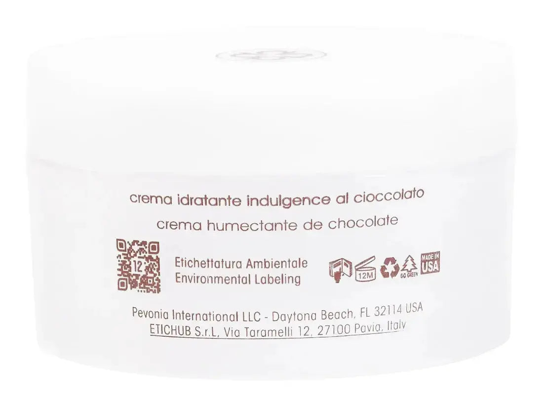 Back of a chocolate cream packaging with text and symbols on a white background