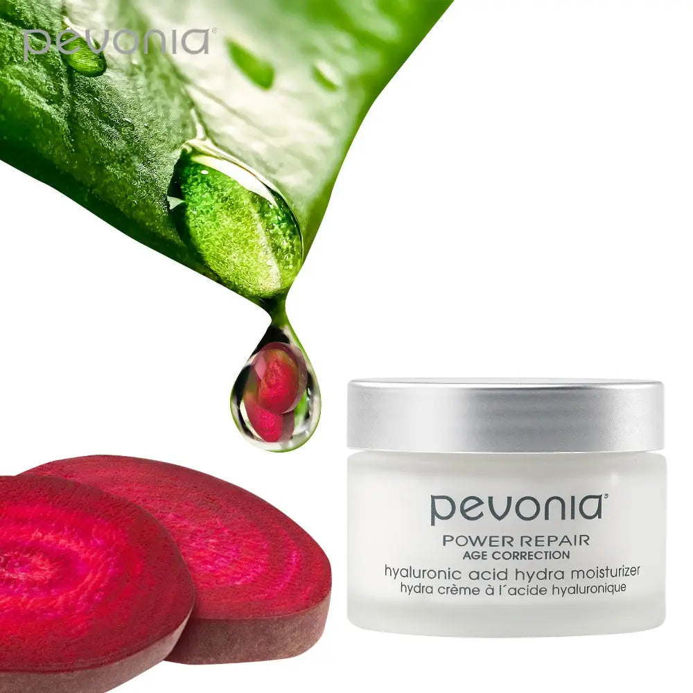 Pevonia skincare product with a green leaf and red fruit slice on a white background