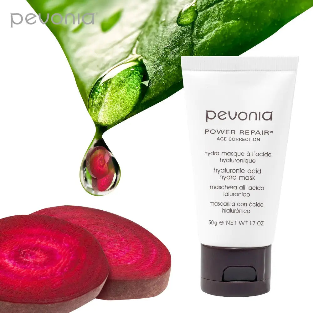 Pevonia Power Repair mask with aloe vera leaf and beetroot on a white background
