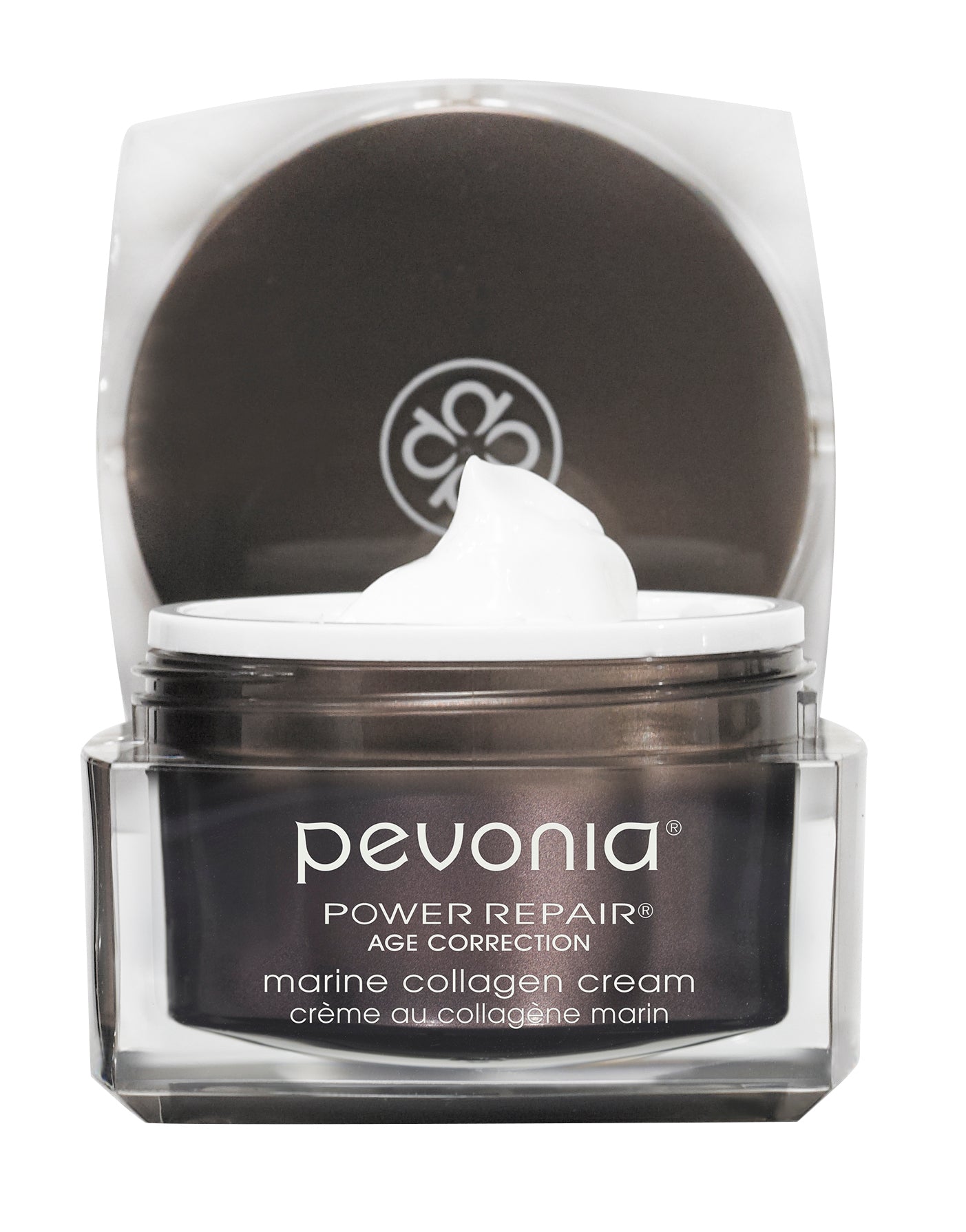 Pevonia marine collagen cream jar with visible cream on a white background