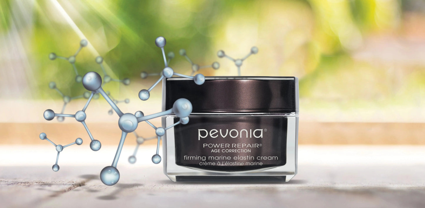 Pevonia cream jar with molecular structure illustration on a blurred natural background