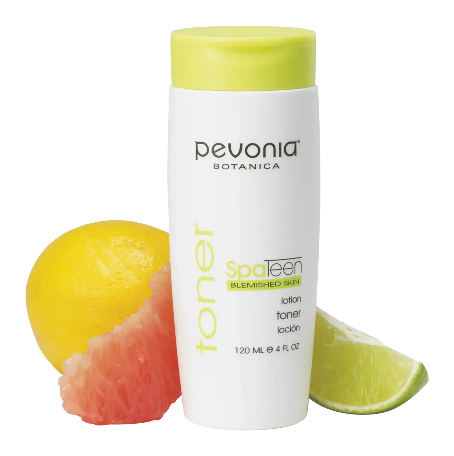 Pevonia Botanica Spateen toner with lemon, grapefruit, and lime slices on a white background