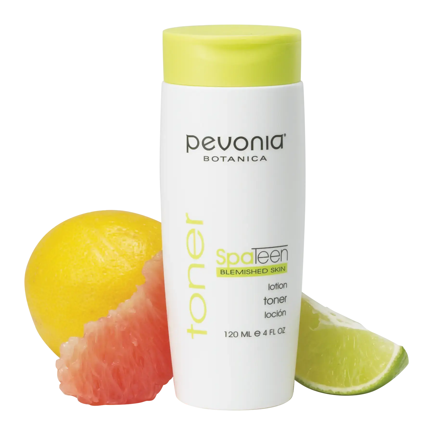 Pevonia Botanica Spateen toner with lemon, grapefruit, and lime slices on a white background