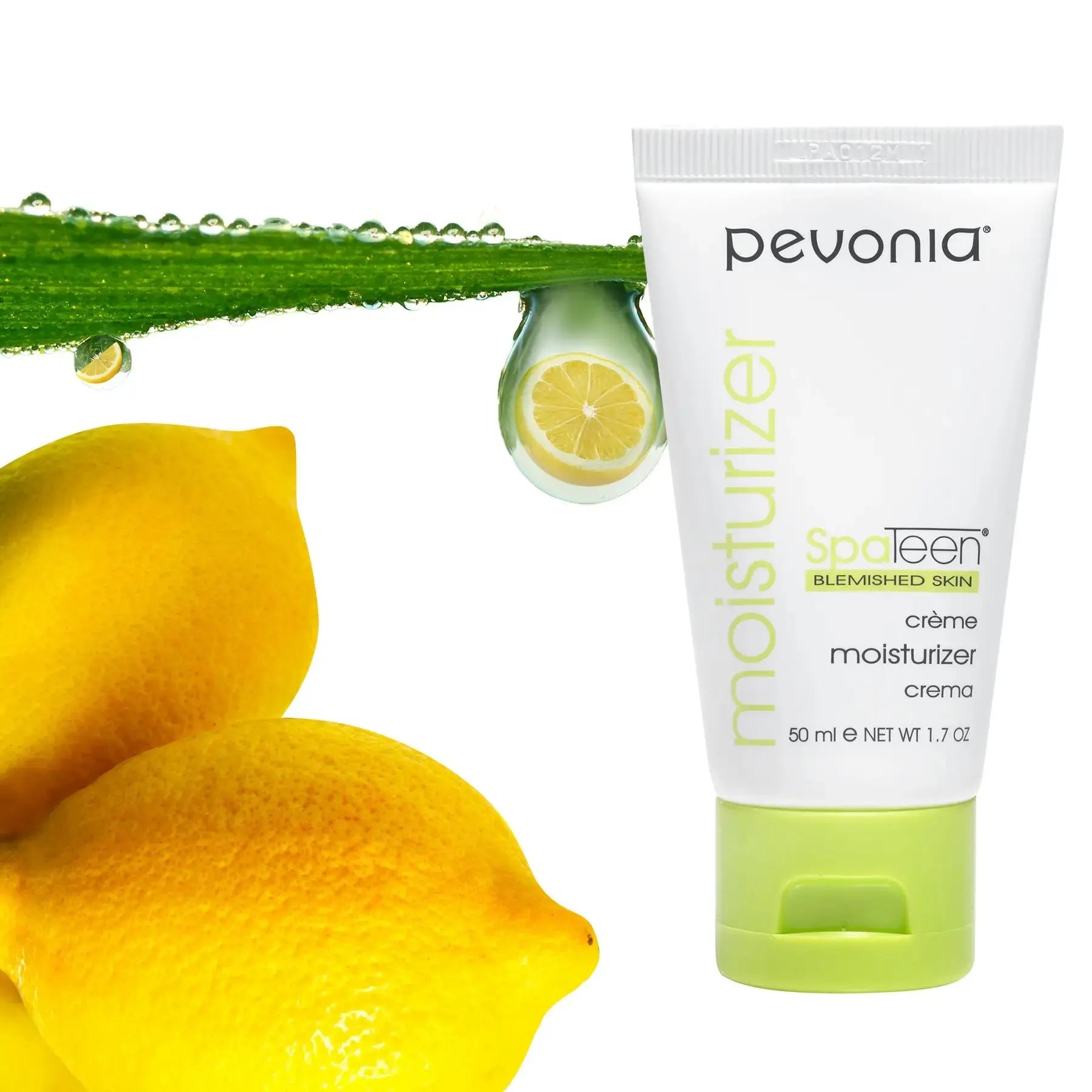 Pevonia Spateen moisturizer tube with lemons and a green leaf on a white background