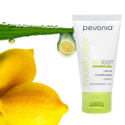 Pevonia Spateen moisturizer tube with lemons and a green leaf on a white background
