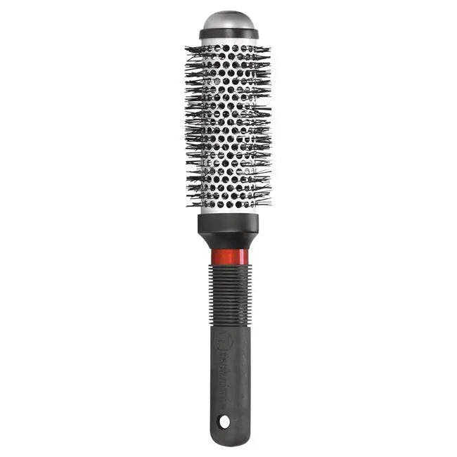 Round hairbrush with black bristle head and black handle on a white background