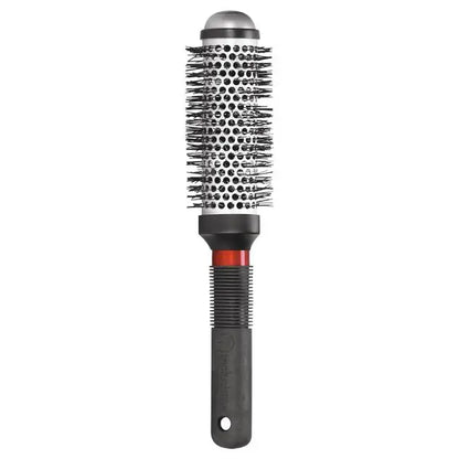 Round hairbrush with black bristle head and black handle on a white background