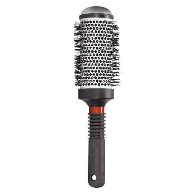 Round hairbrush with black bristle head and black handle on a white background