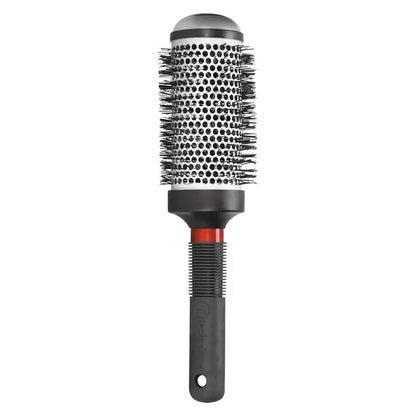 Round hairbrush with black bristle head and black handle on a white background