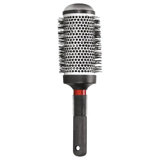 Round hairbrush with black bristle head and black handle on a white background