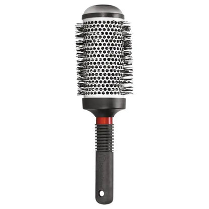 Round hairbrush with black bristle head and black handle on a white background