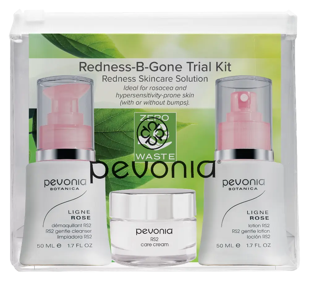 Pevonia Botanica Redness-B-Gone Trial Kit with three skincare products on a white background.