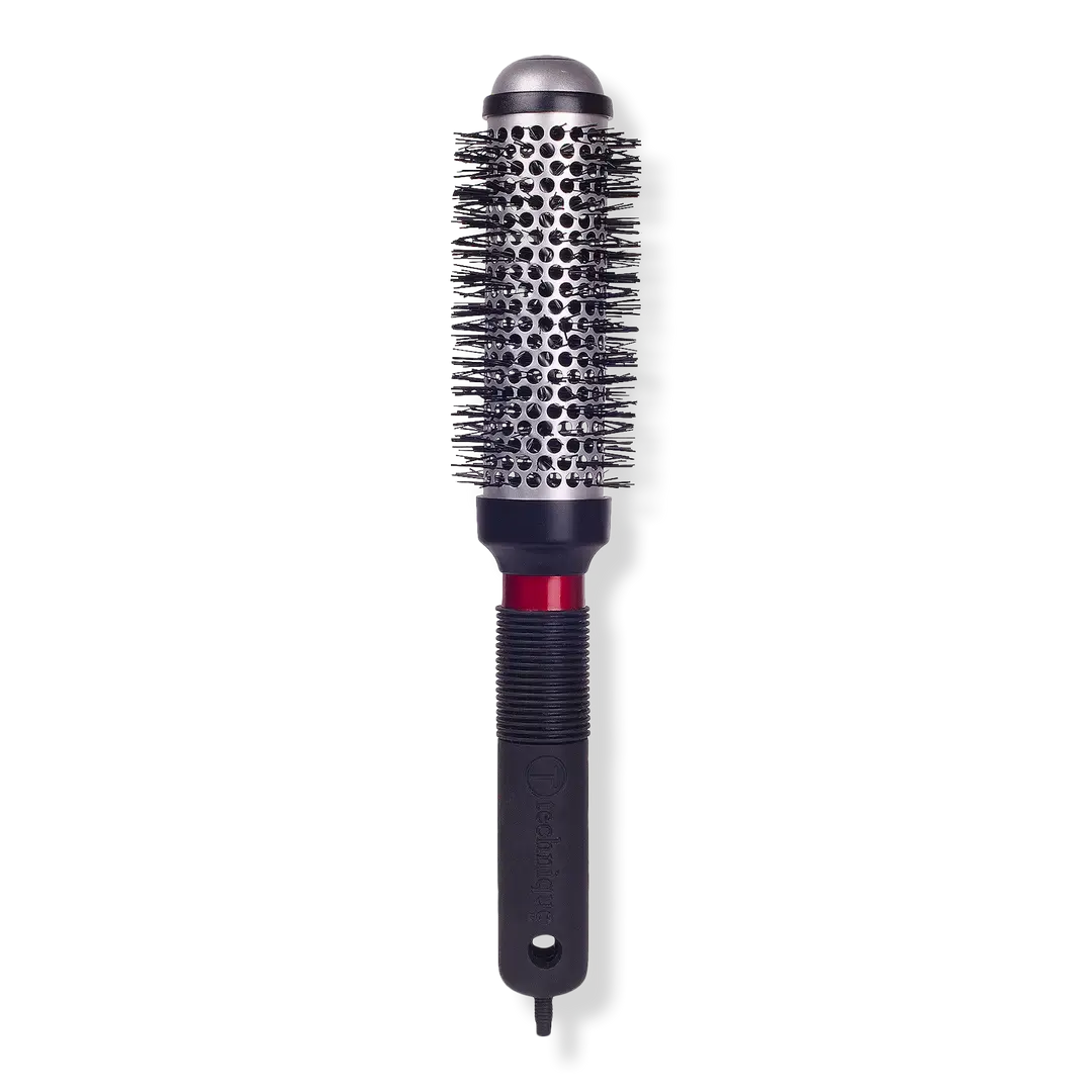 Hair styling brush with black bristle head and black handle on a white background