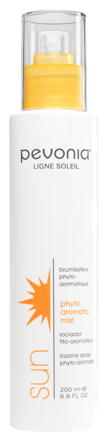 Pevonia bottle of sun care product with a white background