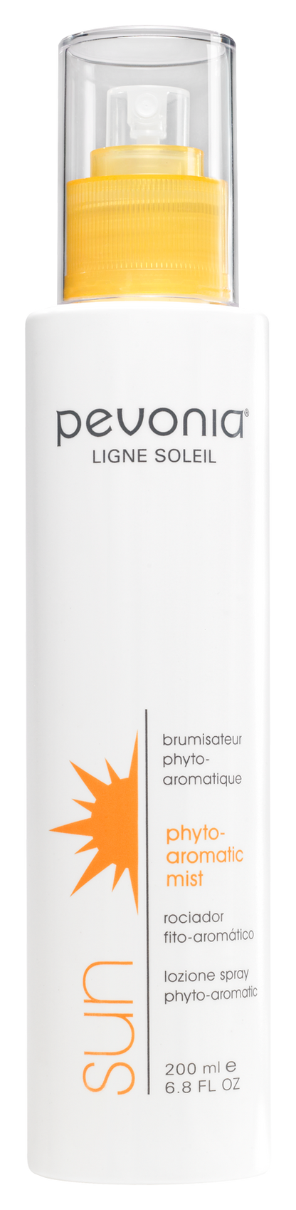 Pevonia bottle of sun care product with a white background