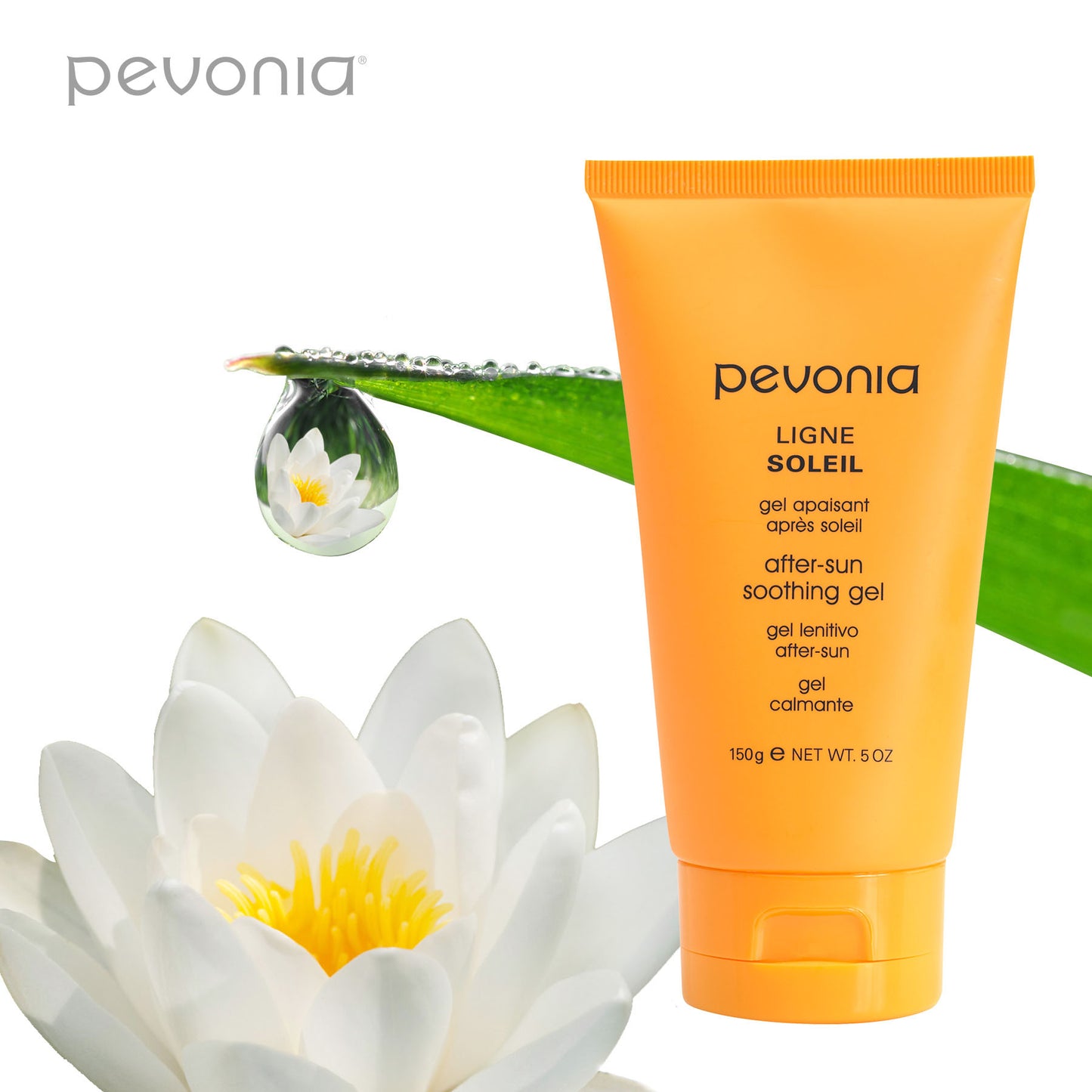 Pevonia after-sun soothing gel tube with a white waterlily and green leaf on a white background