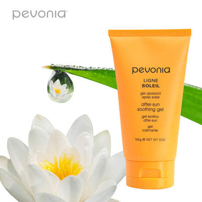 Pevonia after-sun soothing gel tube with a white waterlily and green leaf on a white background