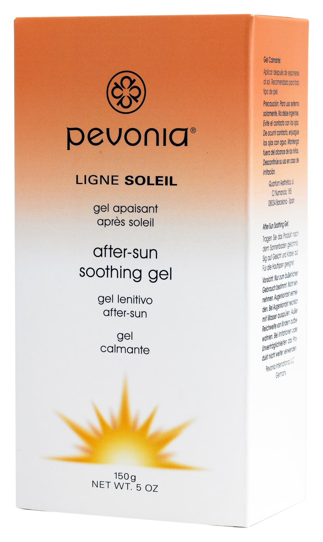 Pevonia after-sun soothing gel packaging with orange and white design.