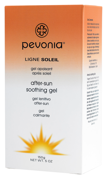 Pevonia after-sun soothing gel packaging with orange and white design.