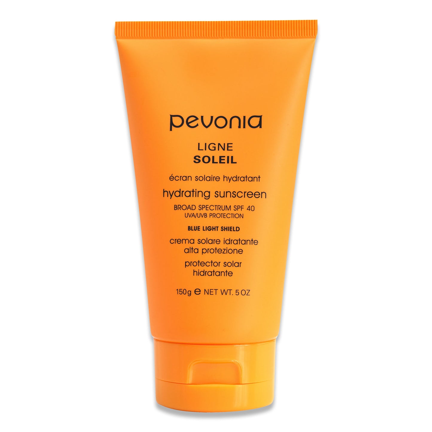 Orange sunscreen tube with Pevonia branding on a white background