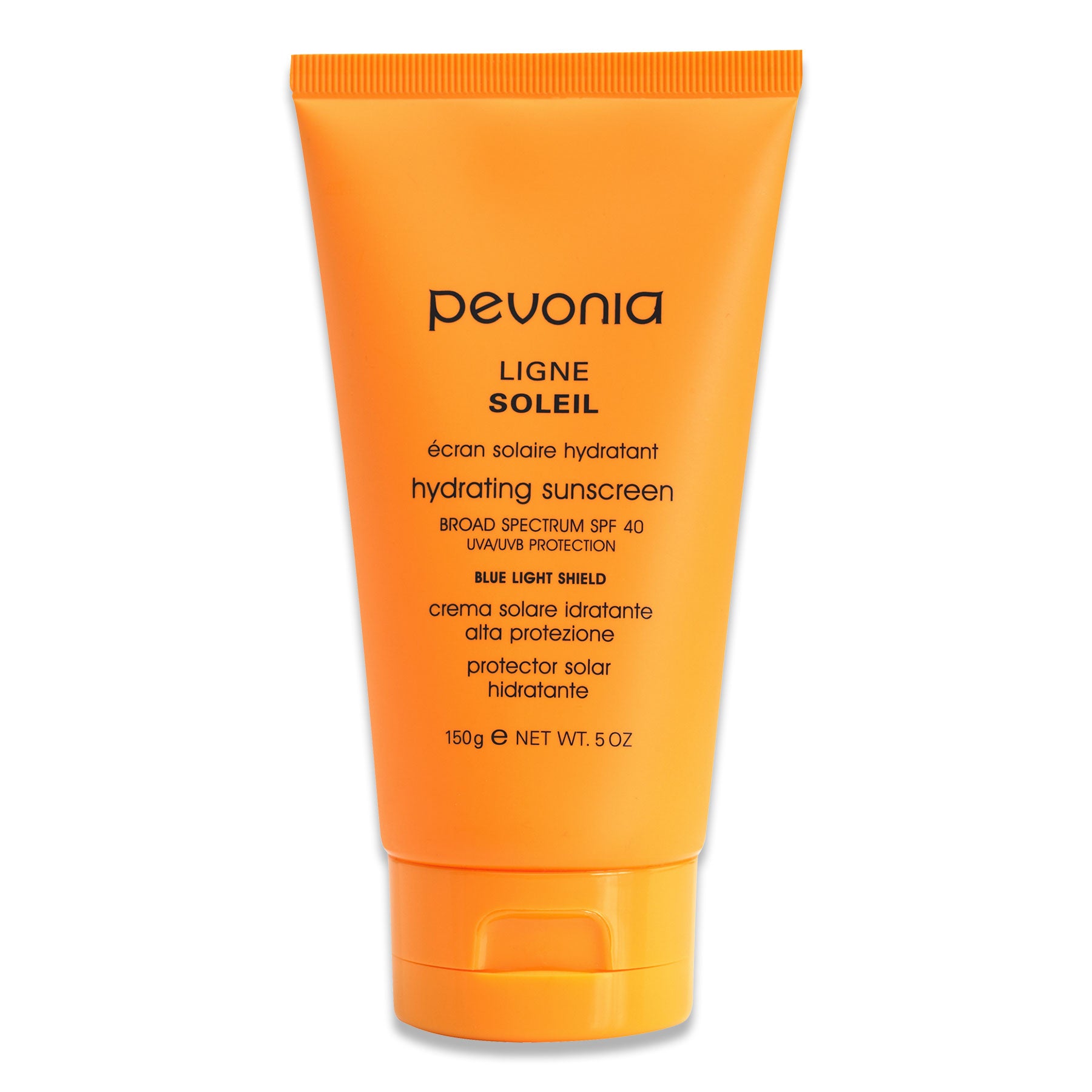 Orange sunscreen tube with Pevonia branding on a white background