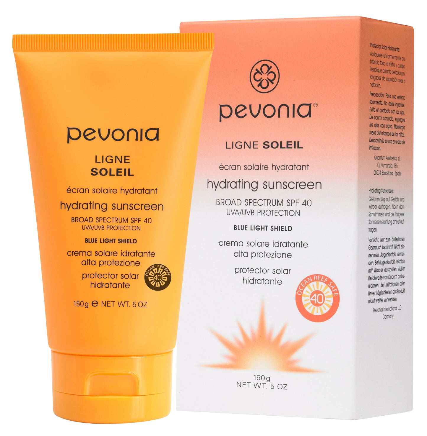 Pevonia sunscreen tube and packaging on a white background