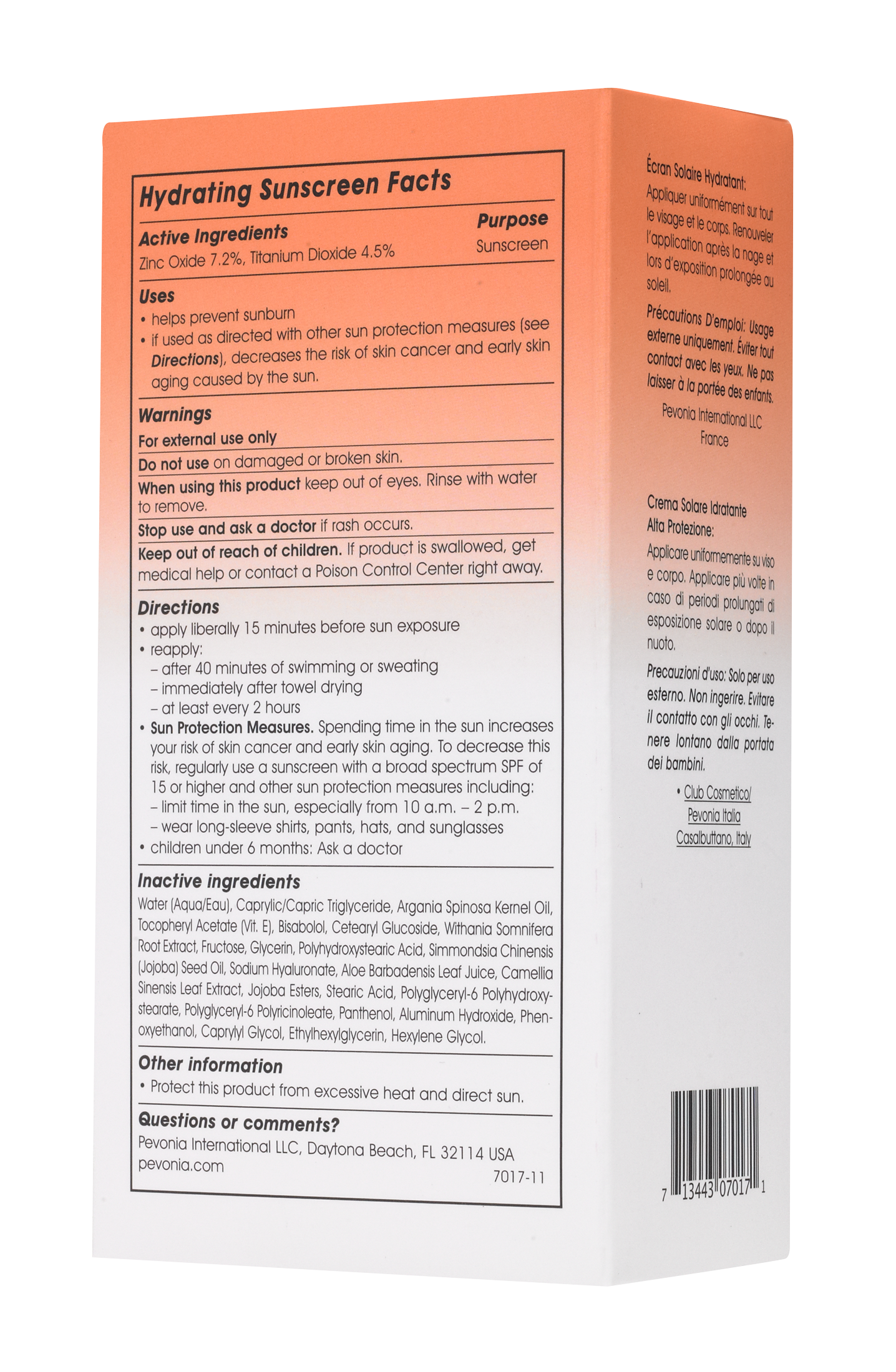 Back of a sunscreen packaging with text and ingredients list on an orange and white background