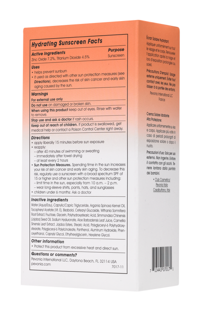 Back of a sunscreen packaging with text and ingredients list on an orange and white background