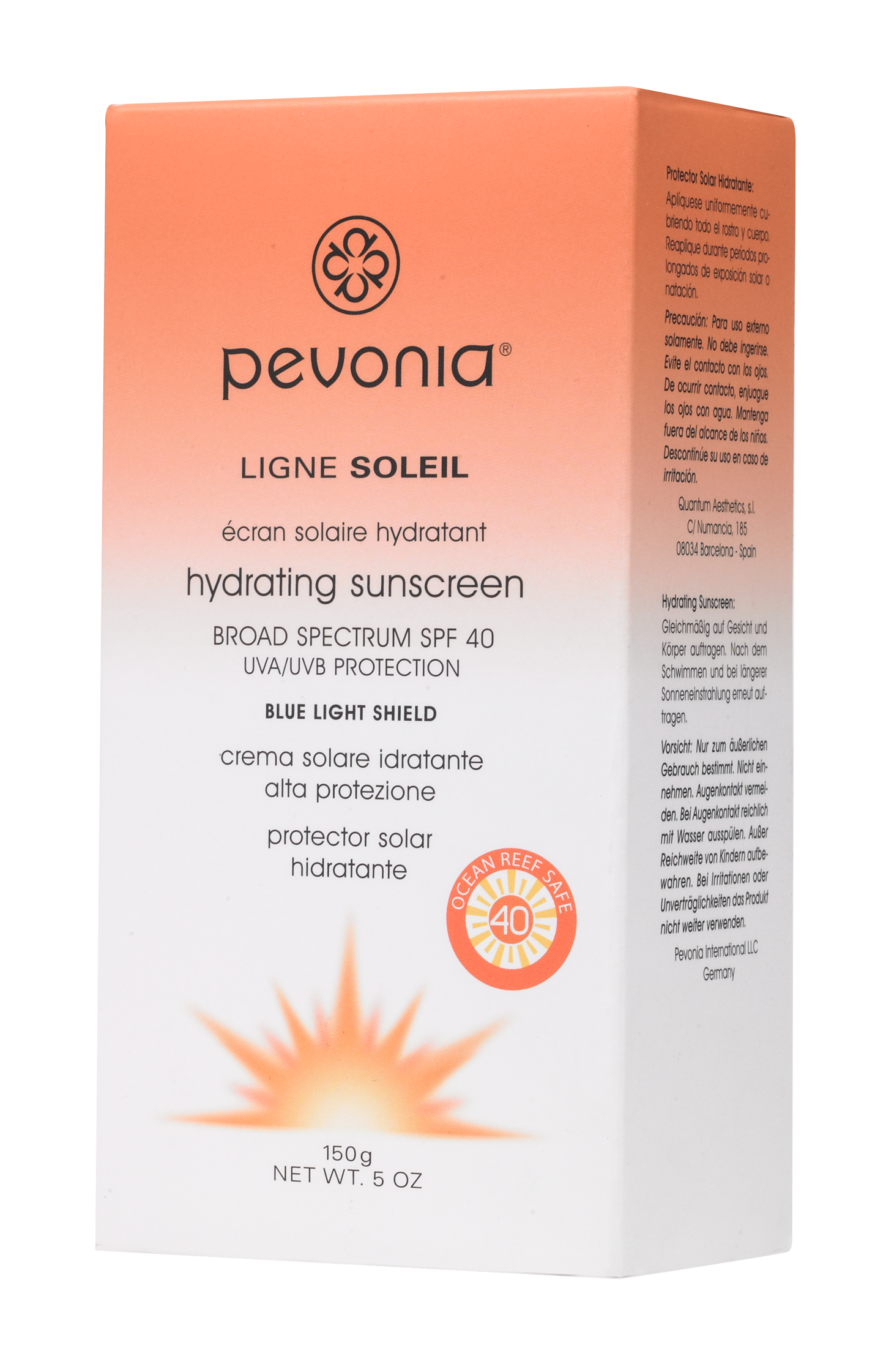 Pevonia sunscreen packaging with a gradient design on a white background