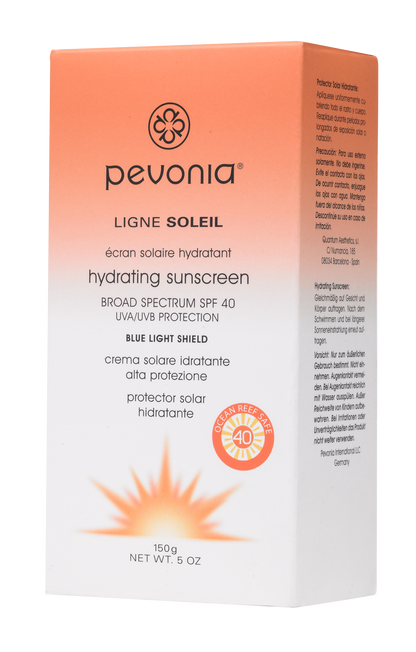 Pevonia sunscreen packaging with a gradient design on a white background