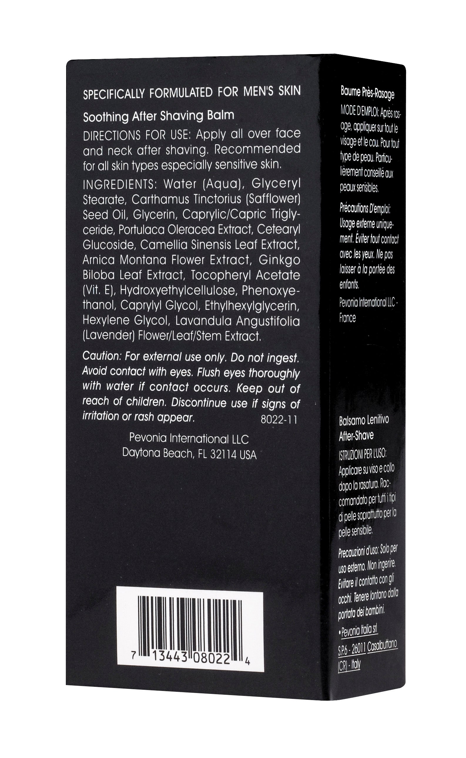 Back label of a men's grooming product with text and a barcode on a black background