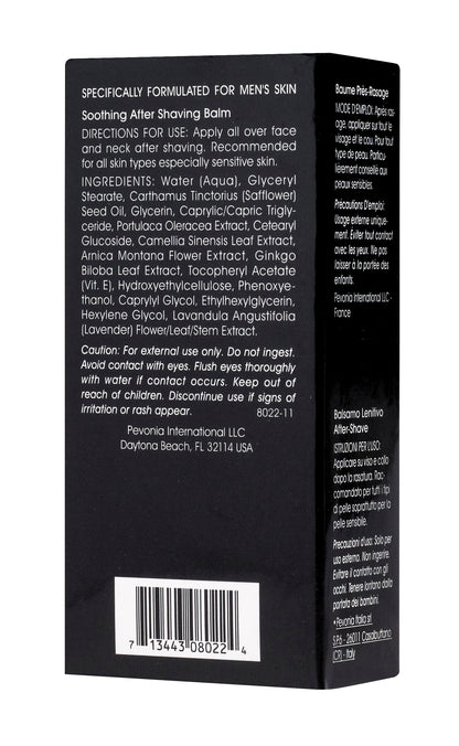Back label of a men's grooming product with text and a barcode on a black background