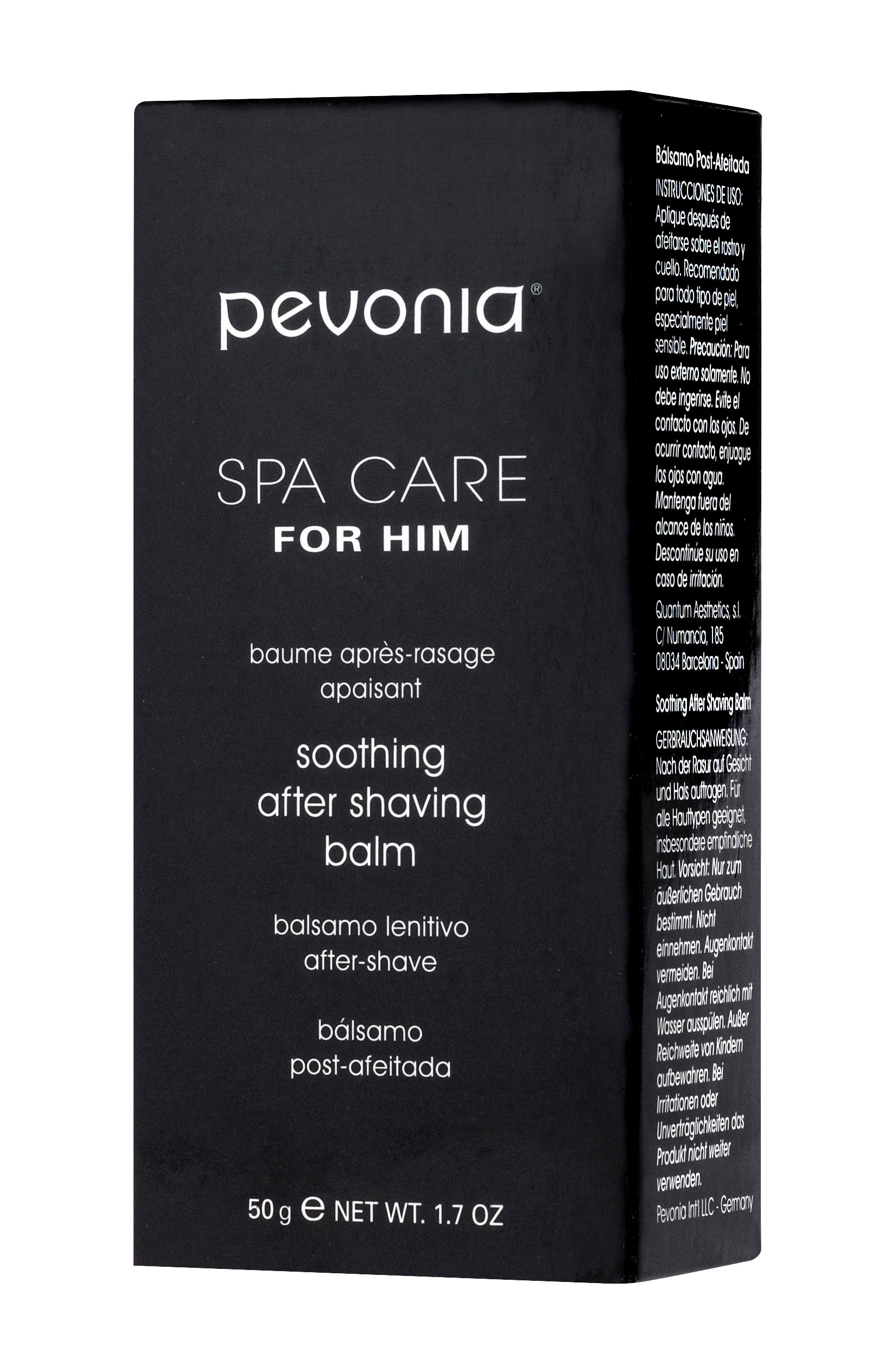 Pevonia Spa Care for Him soothing after shaving balm packaging on a white background