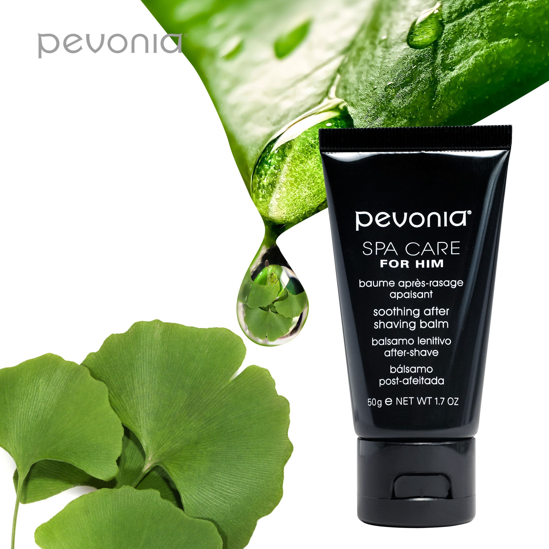 Pevonia spa care for him balm with green leaves and droplets on a white background