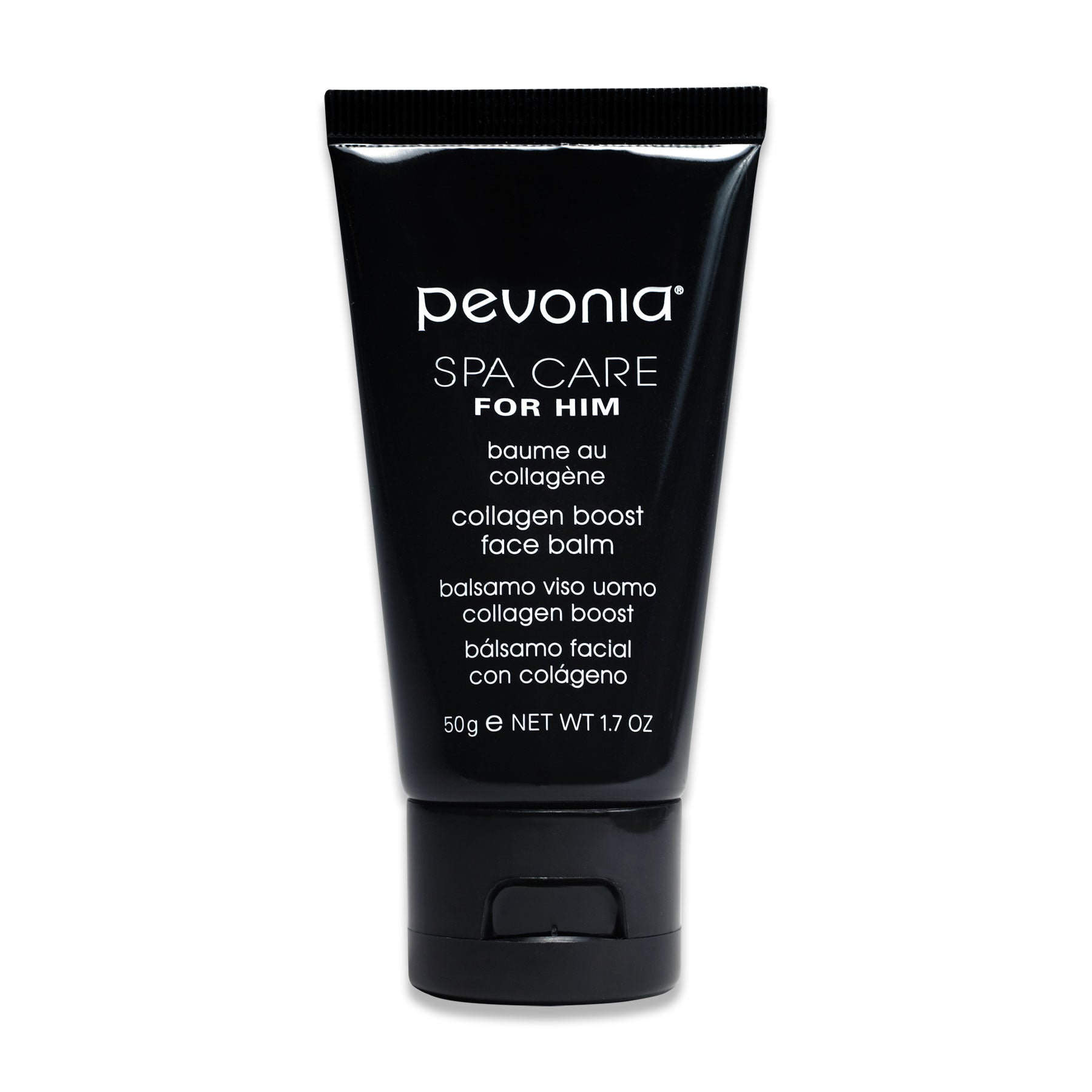 Black tube of Pevonia Spa Care for Him collagen boost face balm on a white background