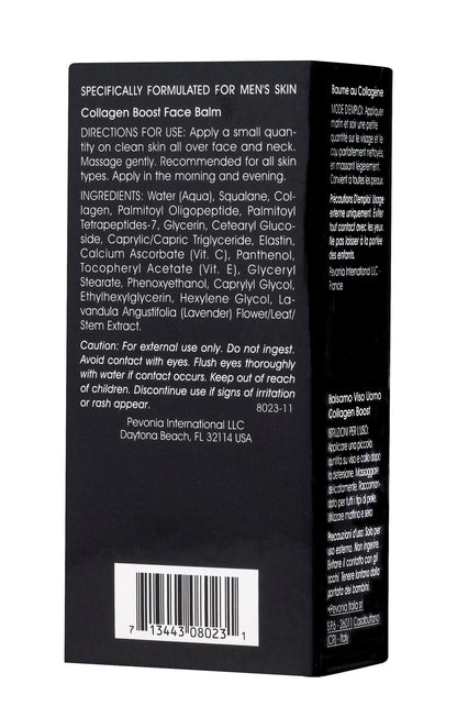 Back of a black face balm packaging with text and a barcode on a white background