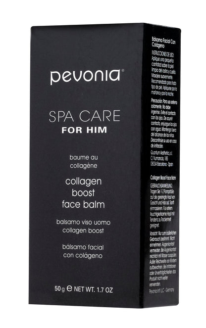 Pevonia Spa Care for Him collagen boost face balm packaging on a white background