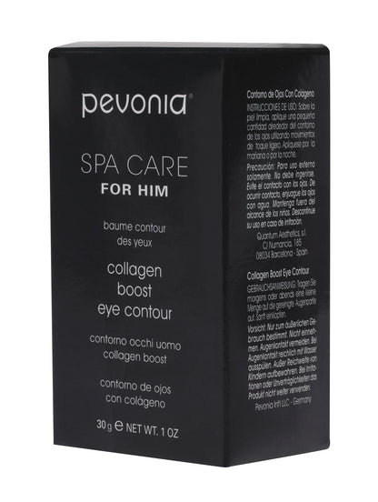 Pevonia eye contour cream packaging with black background and white text