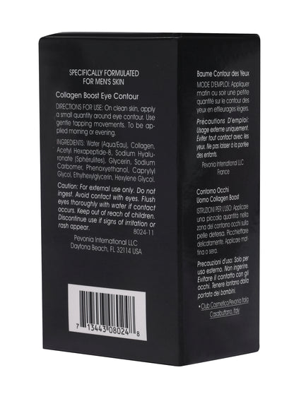 Back of a black cosmetic packaging with text and a barcode on a white background