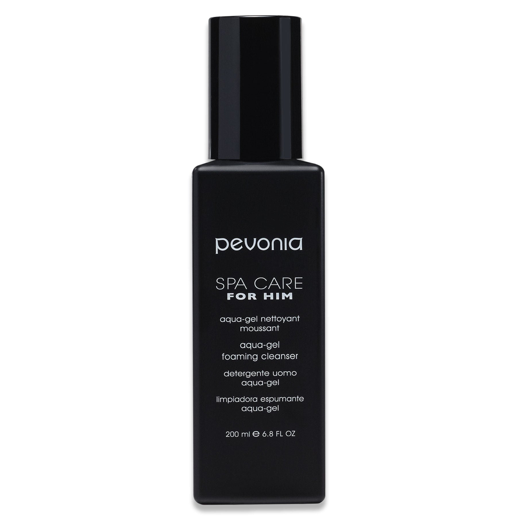 Black bottle of Pevonia Spa Care for Him foaming cleanser on a white background