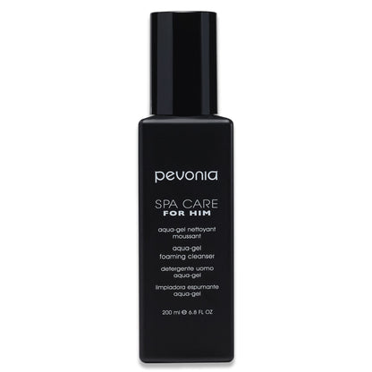Black bottle of Pevonia Spa Care for Him foaming cleanser on a white background