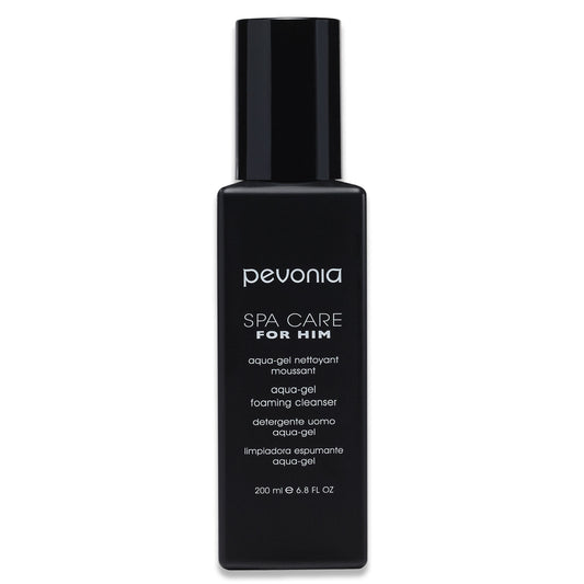 Black bottle of Pevonia Spa Care for Him foaming cleanser on a white background