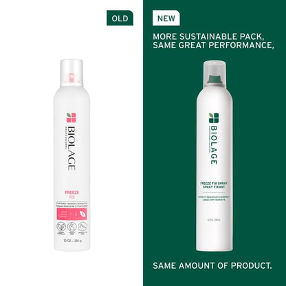 Comparison of an old and new Biolage hair spray bottle on a green and white background.