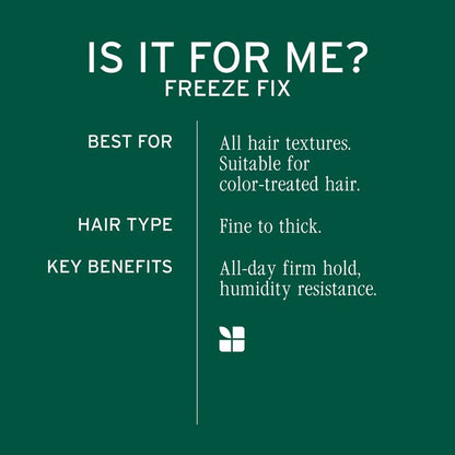 Product information card for 'Freeze Fix' hair product on a green background