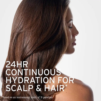 Woman with long brown hair against a white background with text about scalp and hair hydration.
