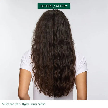 Before and after comparison of hair using Hydra Source Serum on a white background