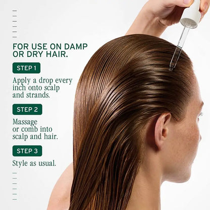 Person applying hair oil to damp hair with text instructions on a white background